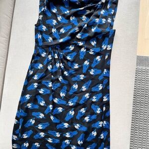 Diane Von Furstenberg Black Midi Dress with Blue and White Abstract Print